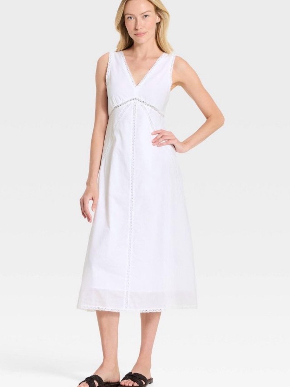 Universal Thread White V-Neck Lace-Trim Midi Dress